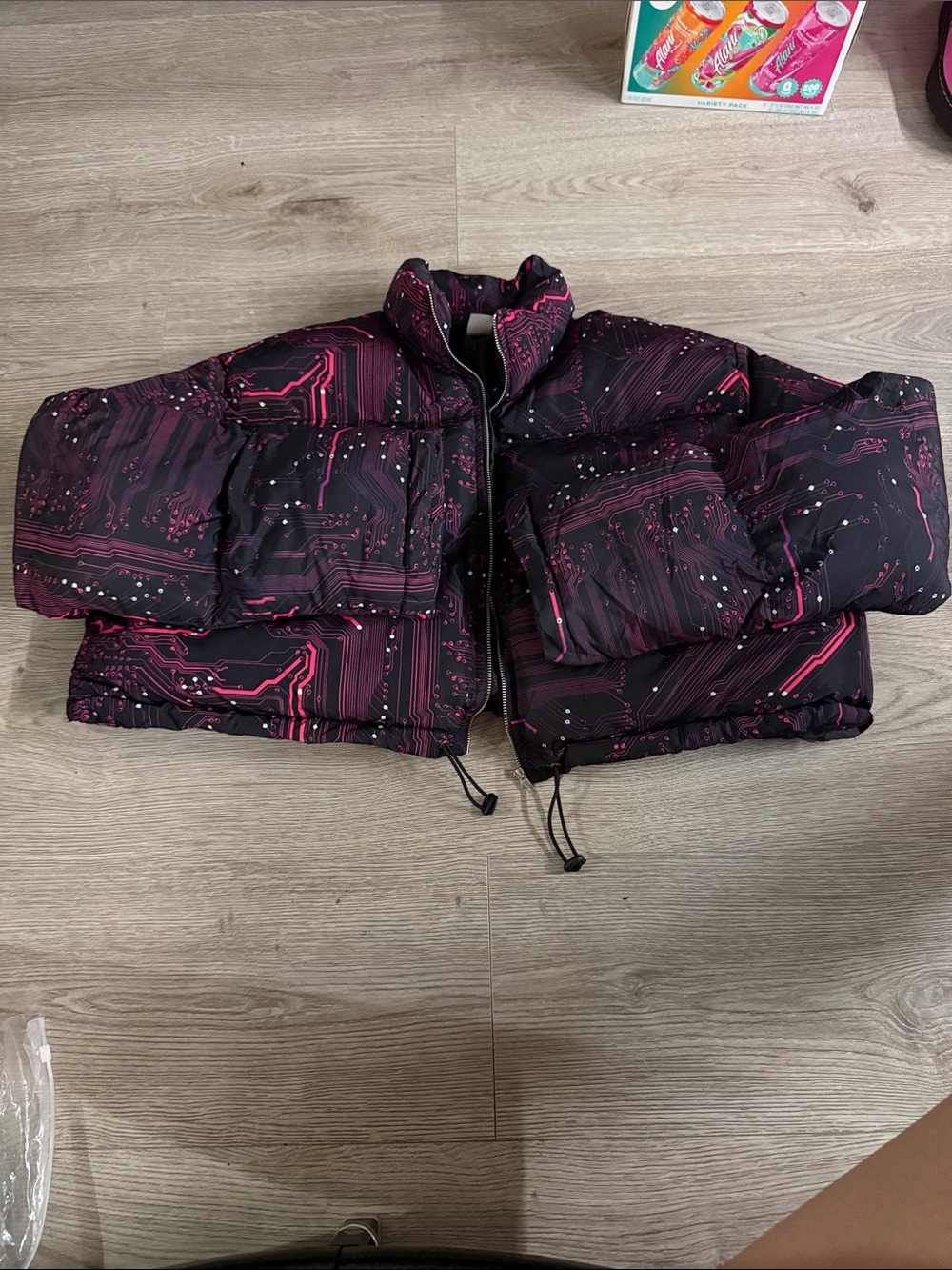 IHeartRaves Crop Puffer Jacket in Black & Pink
